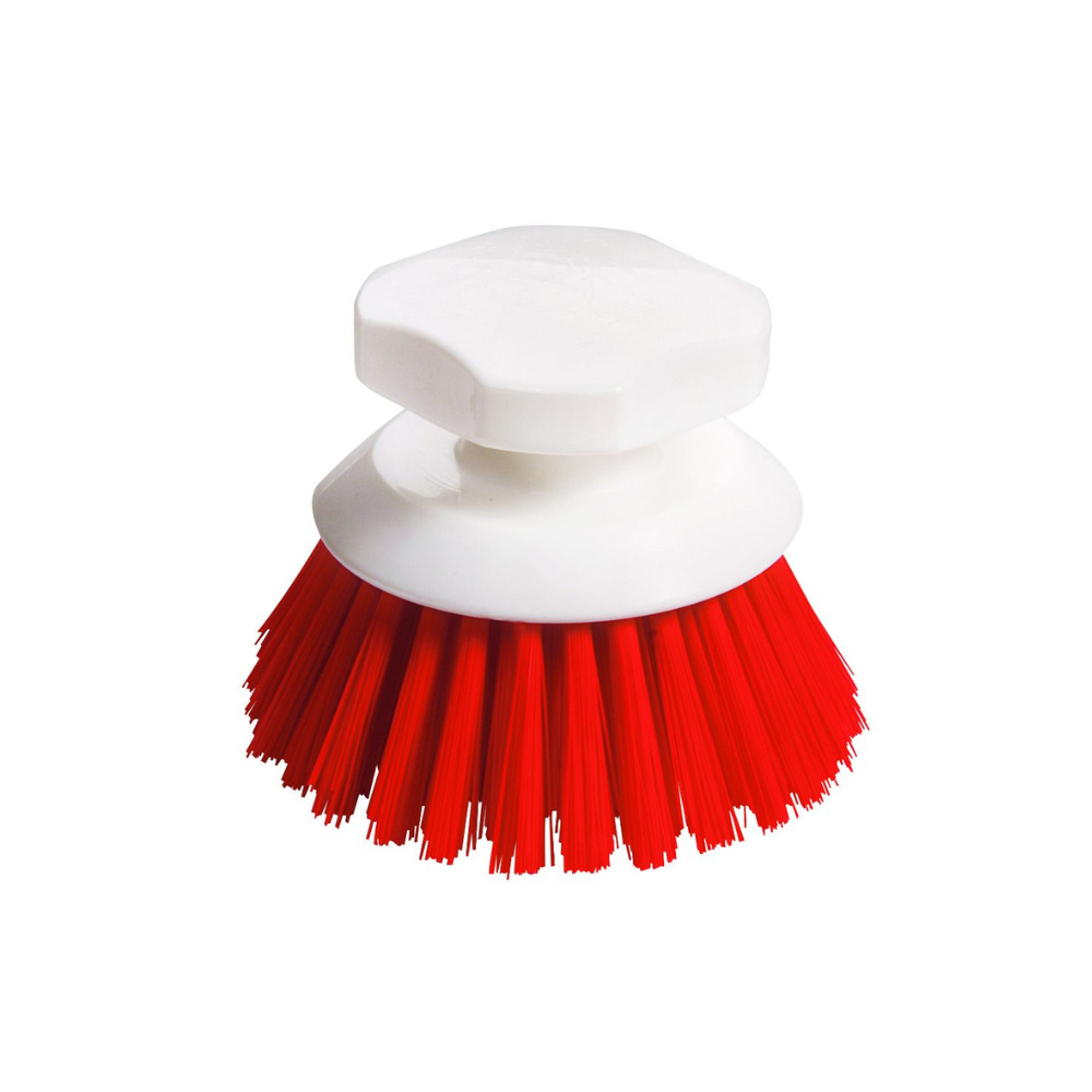 La brosse à bouton Haug 90 x Ø120 mm de Haug Bürsten KG a une poignée en plastique blanc, une forme ronde et des poils rouges rigides. Elle est idéale pour le nettoyage professionnel et offre une solution hygiénique efficace pour le brossage des surfaces.