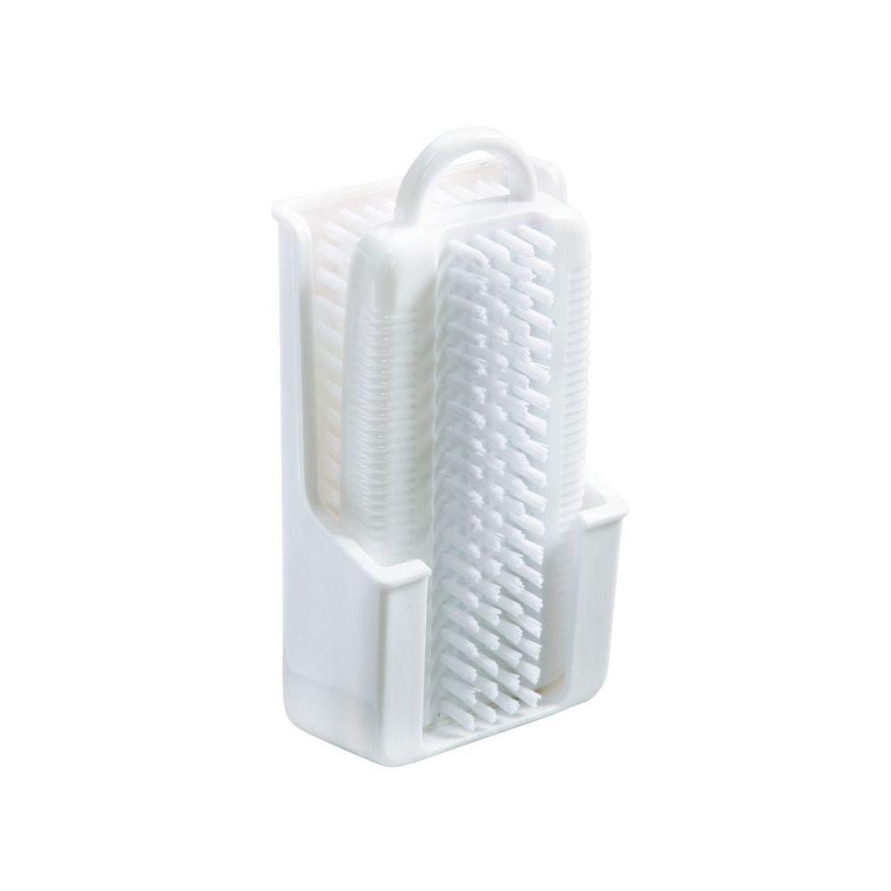 La brosse à ongles Haug Double avec étui en blanc de Haug Bürsten KG est conçue pour un usage professionnel et dispose de poils verticaux et d'une poignée ergonomique sur un support intégré. Le design compact et minimaliste comprend une fente de drainage pour une hygiène optimale.