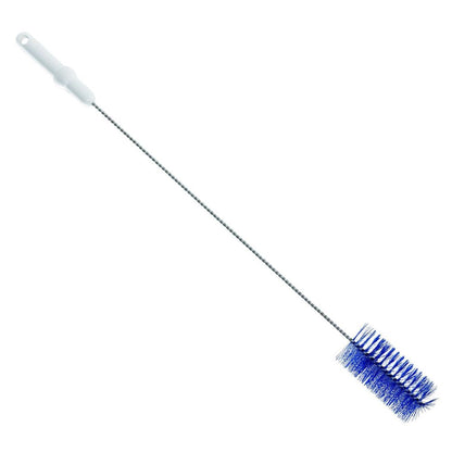 La brosse à tube de Haug Bürsten KG a un manche blanc, une tige métallique et des poils bleus. Son design cylindrique avec une construction en fil d'acier inoxydable V2A durable est parfait pour nettoyer les endroits étroits ou difficiles d'accès.