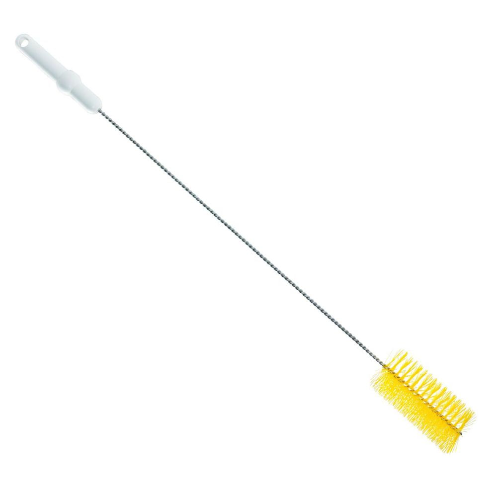 La brosse à tube Haug PBT de Haug Bürsten KG avec des dimensions de 700 x Ø60 mm a des poils cylindriques jaunes pour un nettoyage efficace et un manche blanc avec un crochet pour un accrochage facile.