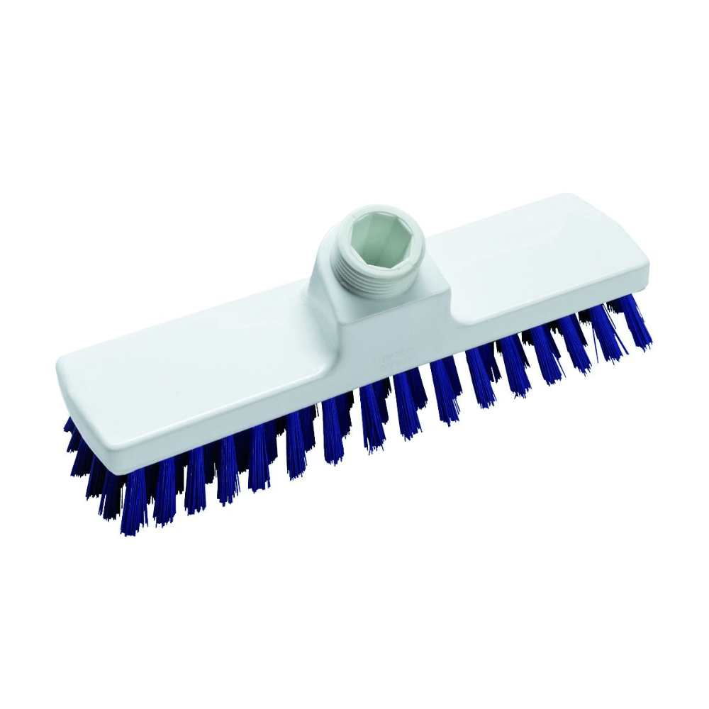 La brosse Haug de dimensions 225 x 60 x 100 mm de Haug Bürsten KG est une tête de brosse de nettoyage blanche avec des poils bleus rigides. Elle dispose d'un manchon fileté pour la fixation du manche et est conçue pour récurer les surfaces tout en respectant les normes d'hygiène HACCP.