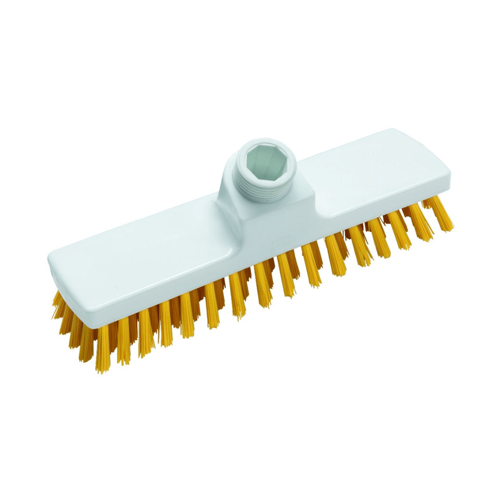 La brosse Haug 225 x 60 x 100 mm de Haug Bürsten KG est une brosse de nettoyage rectangulaire avec un corps en plastique blanc et des poils jaunes en matériaux alimentaires. Elle dispose d'un manchon fileté au centre supérieur pour fixer un manche selon la norme d'hygiène HACCP et les poils sont disposés en plusieurs rangées.