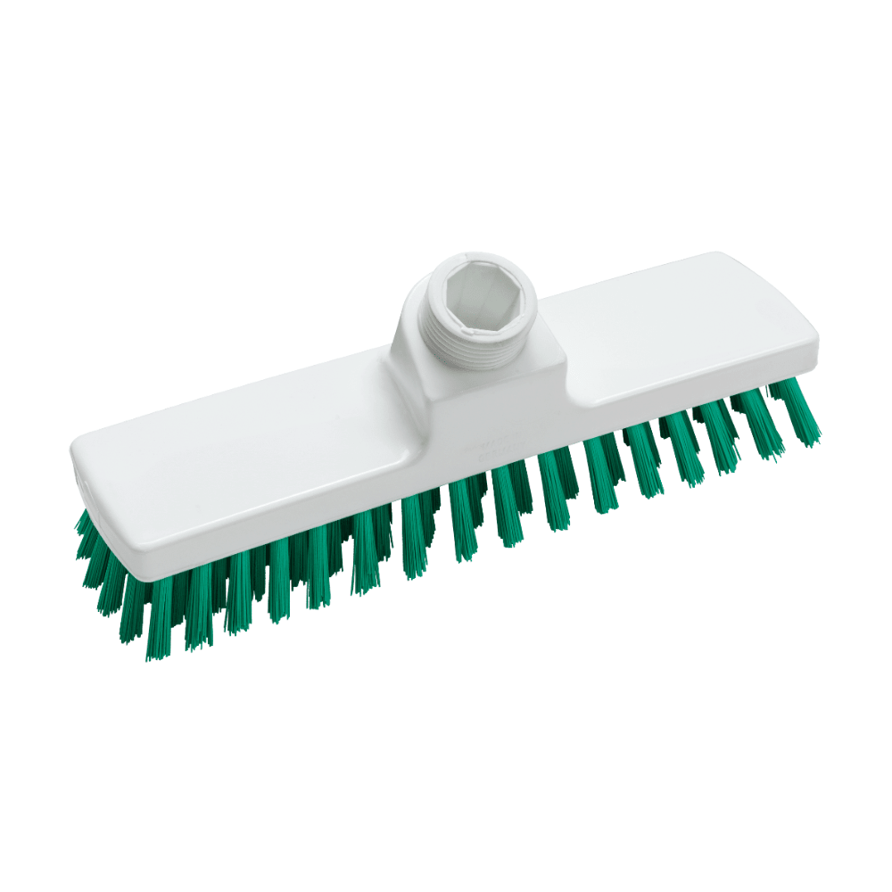 La brosse Haug de Haug Bürsten KG est illustrée dans un design rectangulaire blanc avec des poils verts. Elle est dotée d'un raccord fileté sur le dessus pour un manche et est conforme aux normes d'hygiène HACCP pour garantir la sécurité et la propreté dans les environnements alimentaires. Les dimensions sont de 225 x 60 x 100 mm.