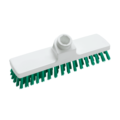 La brosse Haug de Haug Bürsten KG est illustrée dans un design rectangulaire blanc avec des poils verts. Elle est dotée d'un raccord fileté sur le dessus pour un manche et est conforme aux normes d'hygiène HACCP pour garantir la sécurité et la propreté dans les environnements alimentaires. Les dimensions sont de 225 x 60 x 100 mm.