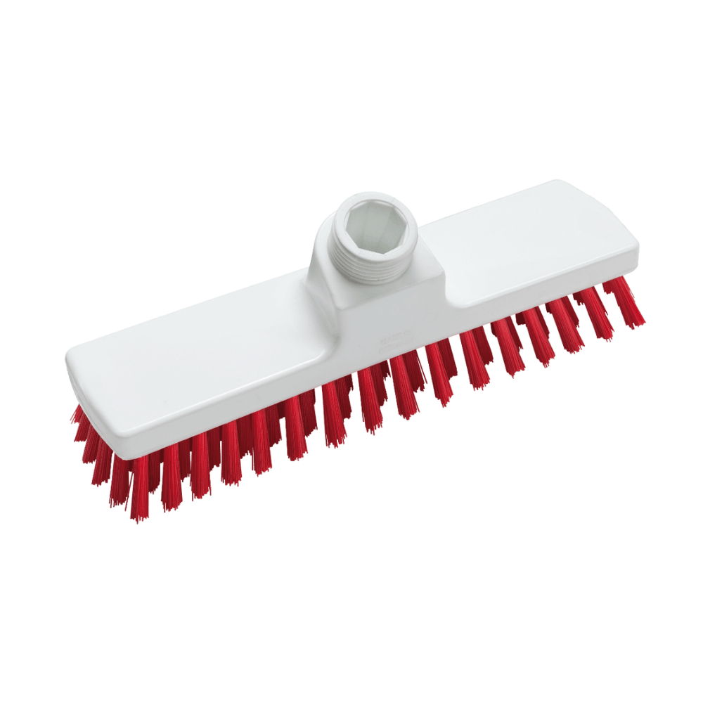La brosse Haug 225 x 60 x 100 mm de Haug Bürsten KG est une tête de brosse de nettoyage blanche avec des poils rouges en matériau alimentaire. Elle dispose d'une prise centrale pour la fixation du manche et est conforme aux normes d'hygiène HACCP.