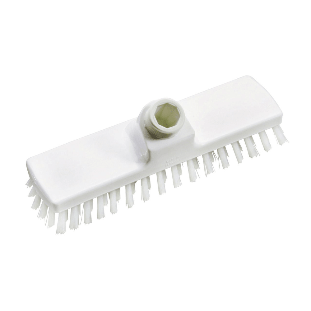 Nous présentons la brosse Haug de Haug Bürsten KG : une tête de brosse blanche de 225 x 60 x 100 mm avec des poils rigides et une prise hexagonale pour fixer le manche. Elle est fabriquée à partir de matériaux alimentaires et ses poils uniformément disposés assurent un récurage efficace, tandis que son design durable est conforme aux normes d'hygiène HACCP. La tête de brosse est élégamment montée sur un fond blanc simple.