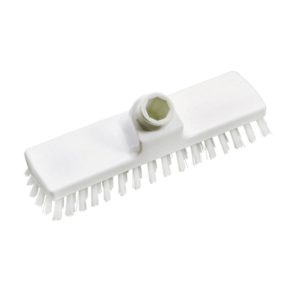 Nous présentons la brosse Haug de Haug Bürsten KG : une tête de brosse blanche de 225 x 60 x 100 mm avec des poils rigides et une prise hexagonale pour fixer le manche. Elle est fabriquée à partir de matériaux alimentaires et ses poils uniformément disposés assurent un récurage efficace, tandis que son design durable est conforme aux normes d'hygiène HACCP. La tête de brosse est élégamment montée sur un fond blanc simple.