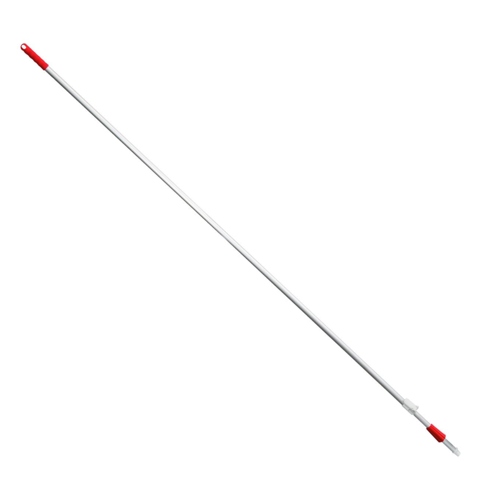 Une perche télescopique de Haug Bürsten KG avec une longueur extensible entre 2180 et 4000 mm pour un diamètre de 25/22 mm, est fournie avec une poignée rouge et une pointe métallique en tube d'aluminium anodisé, isolée sur un fond blanc.