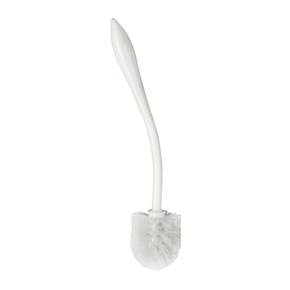La brosse WC ronde Haug "Bogen" 395 x Ø77 mm de Haug Bürsten KG est une brosse WC blanche avec un manche courbé et une tête de brosse ronde pour un nettoyage hygiénique. Le manche en plastique a une pointe pointue à l'extrémité opposée aux poils pour garantir un nettoyage efficace.