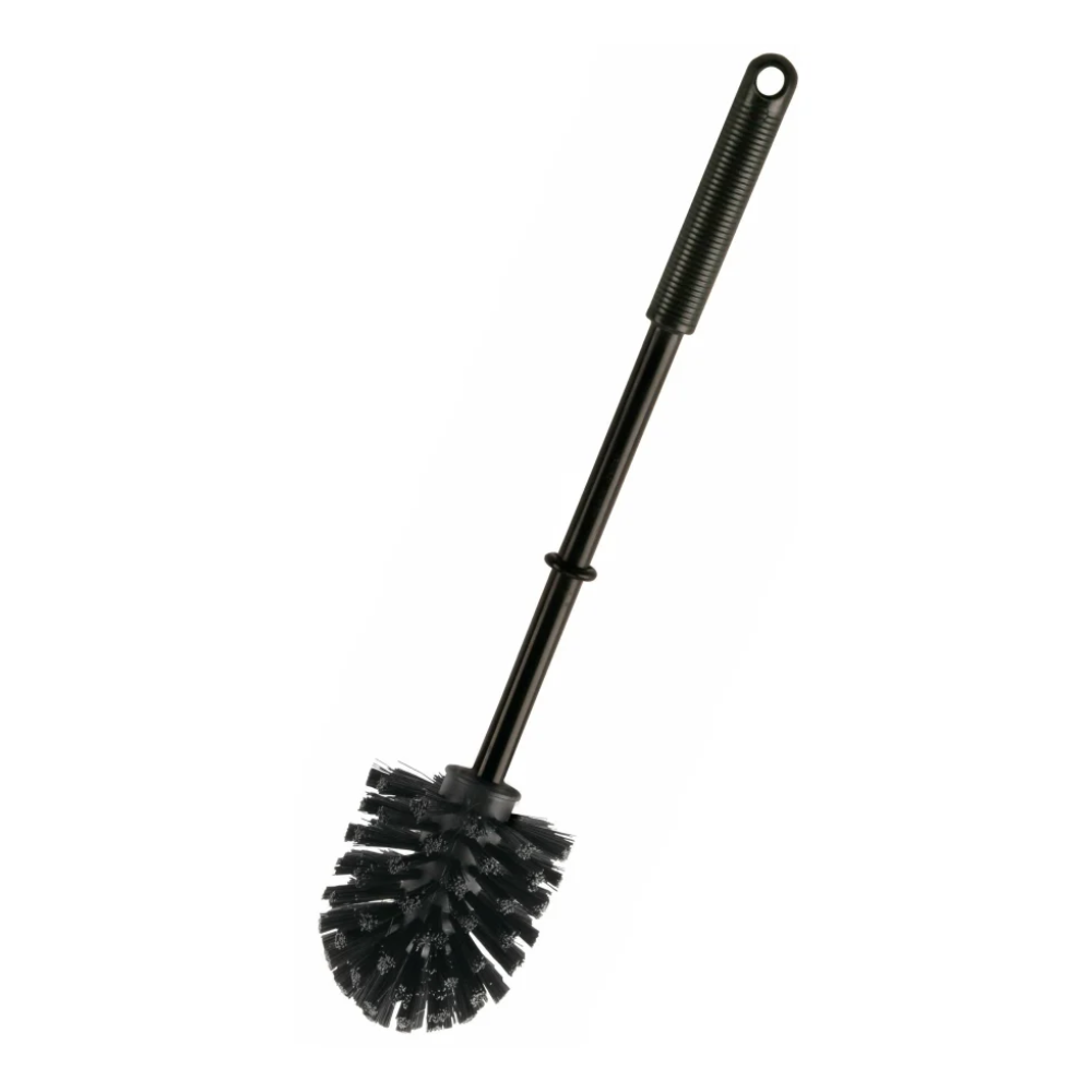 Une petite brosse WC ronde Haug ø 75 mm PP Noir, fabriquée par Haug Bürsten KG, dispose d'un long manche en polypropylène avec une tête de brosse ronde et comporte un petit trou pour un accrochage facile.