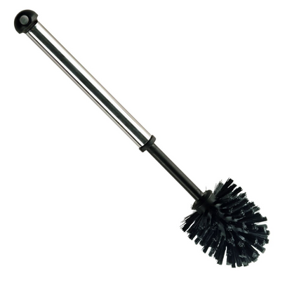 La brosse WC ronde Haug avec manche en métal chromé dispose d'un manche en métal et d'une tête de brosse en plastique noir avec capuchon, idéale pour le nettoyage efficace des installations sanitaires. Fabriqué par Haug Bürsten KG.