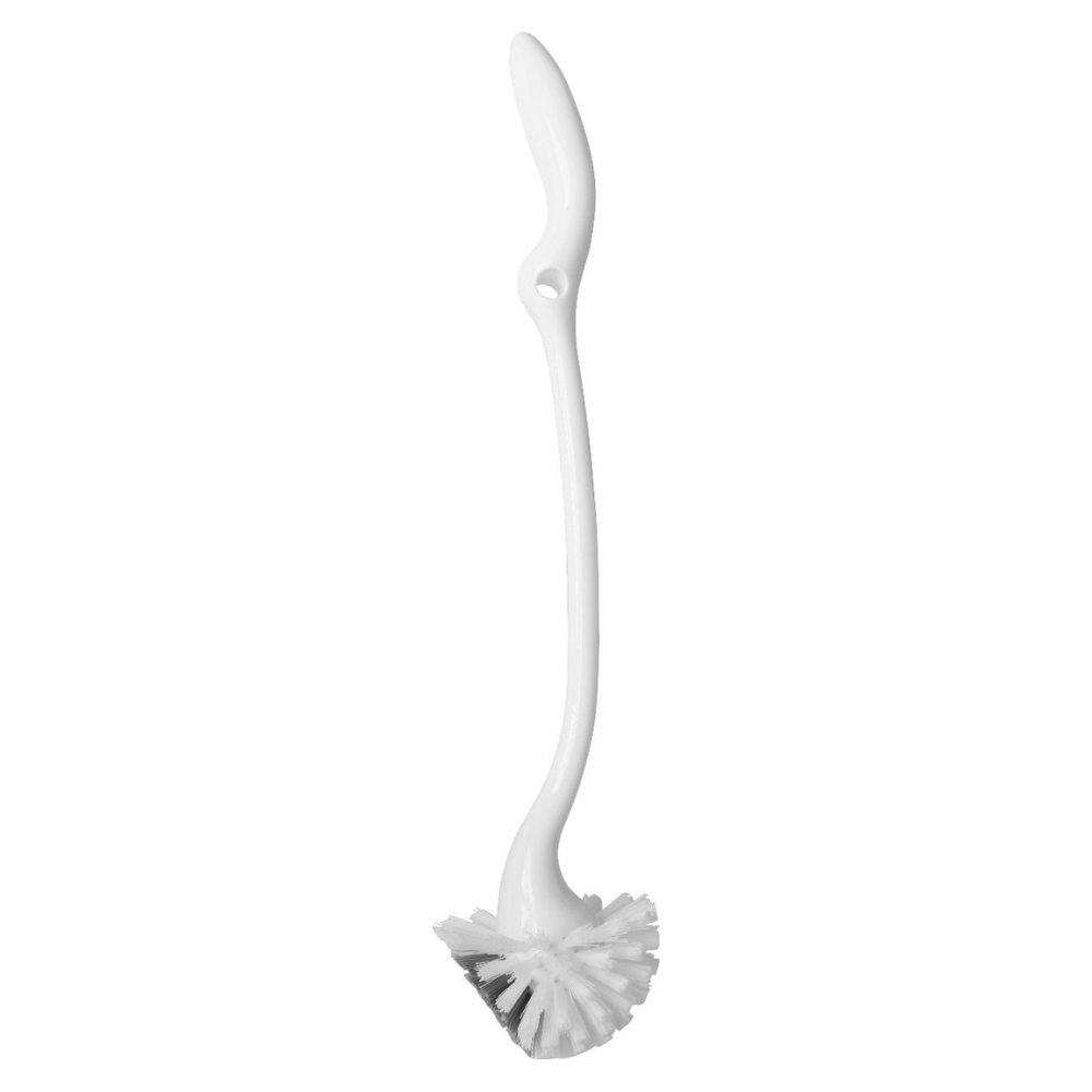Une brosse WC ronde Haug certifiée HACCP pour le nettoyage des siphons en PP blanc avec un manche courbé et une tête de brosse ronde est présentée sur un fond blanc simple.