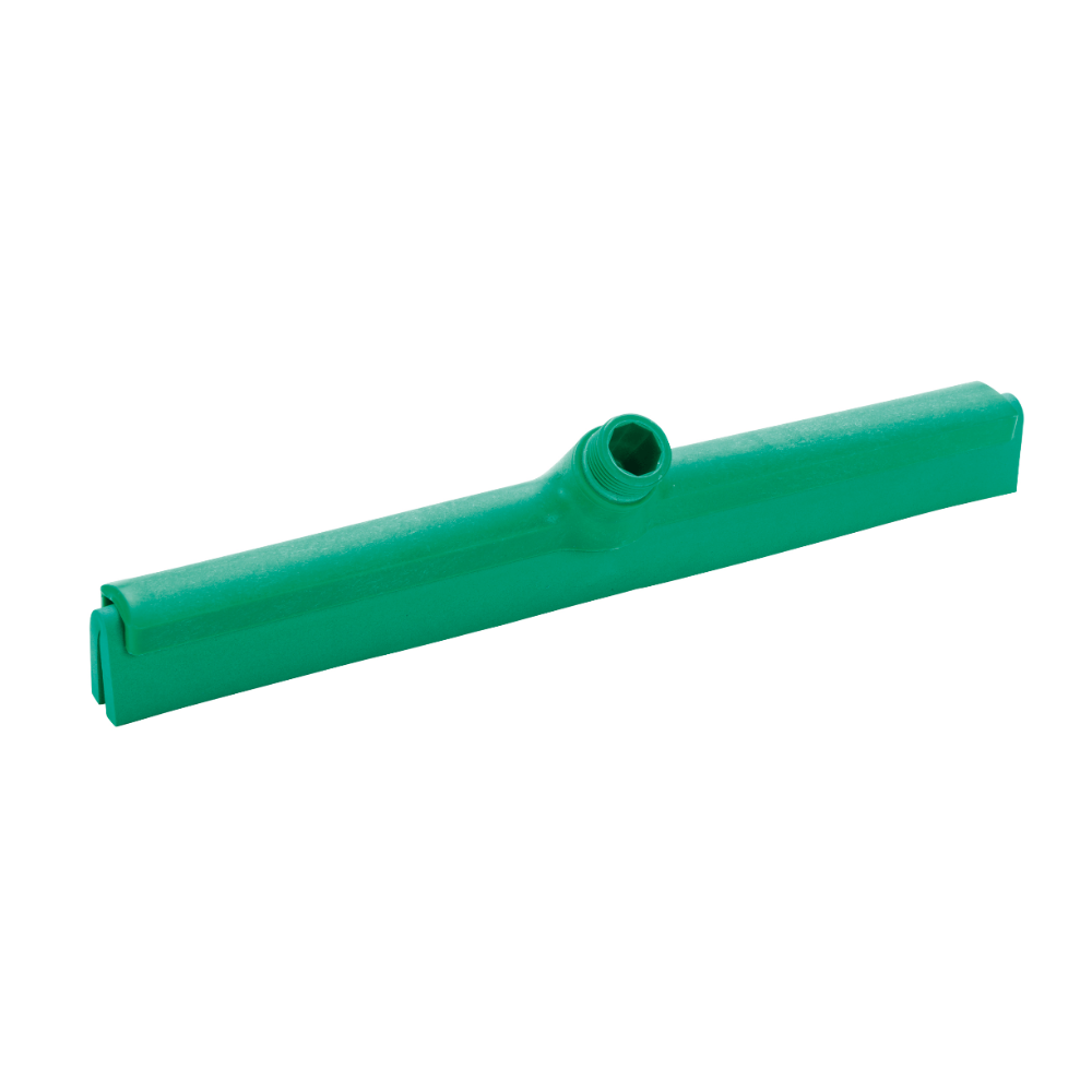 Le racloir à eau à 2 lèvres Haug de Haug Bürsten KG dispose d'une tête de racloir verte avec une douille centrale pour une fixation facile du manche. Le design rectangulaire est en plastique durable et conforme aux normes HACCP pour des pratiques de nettoyage sûres.