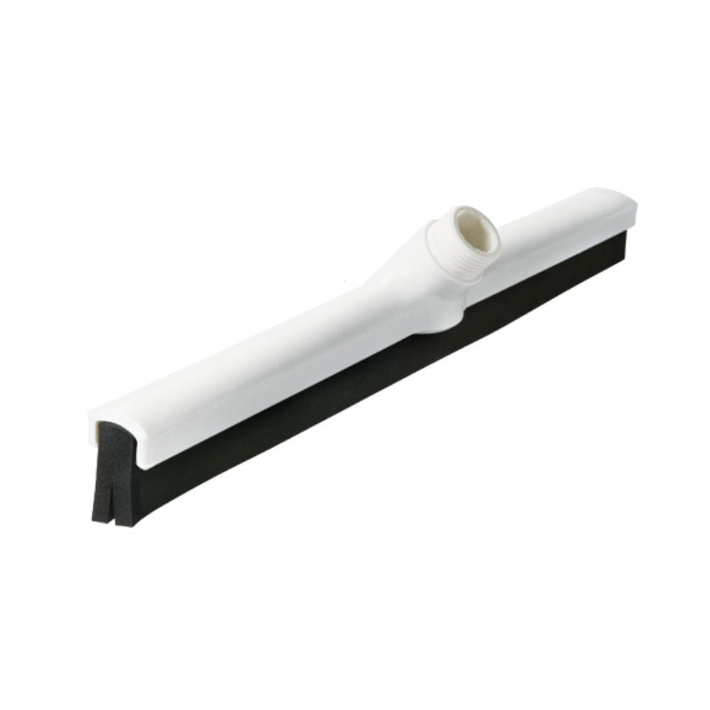 Le racloir à eau Haug avec profil interchangeable de Haug Bürsten KG est une tête de racloir blanche avec double lèvre, un manchon de fixation central et une lèvre en caoutchouc noir pour d'excellentes propriétés de nettoyage. Avec son design minimaliste et fonctionnel, il élimine efficacement l'eau des surfaces planes. Dimensions : 420 x 35 x 25 mm.