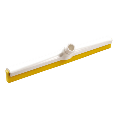 Le racloir à eau Haug avec profil interchangeable de Haug Bürsten KG est un racloir à double lèvre avec un cadre blanc et une lèvre en caoutchouc jaune, équipé d'un point de fixation central pour une fixation confortable de la poignée. Son design linéaire et pratique le rend parfait pour les applications hygiéniques et assure un nettoyage efficace des surfaces.
