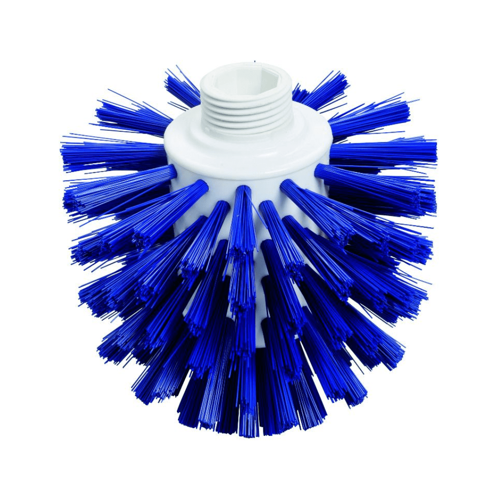 La brosse Haug Wolf PP PBT Ø0,50 mm Dure 135xØ120 mm de Haug Bürsten KG présente un design hygiénique avec des poils bleus denses disposés uniformément autour d'une base en plastique blanc, ce qui la rend idéale pour les environnements alimentaires sécurisés. Elle dispose d'un trou fileté au centre pour une fixation facile à un manche.