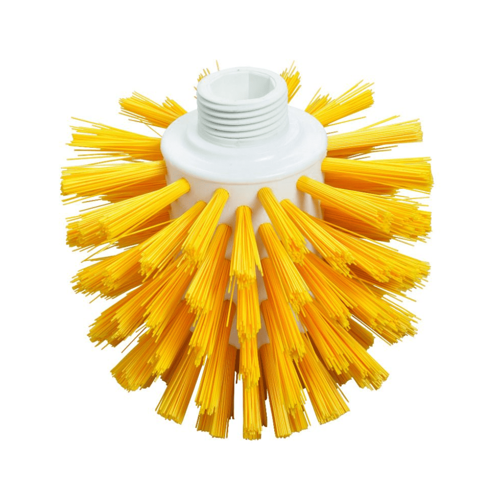 La brosse Haug Wolf PP PBT se distingue par un design hygiénique avec des poils jaunes rigides partant d'un noyau en plastique blanc et une pointe filetée. Les poils serrés assurent une efficacité sur diverses surfaces.