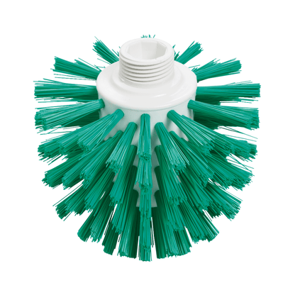 Une brosse Haug Wolf PP PBT d'un diamètre de 0,50 mm, équipée de poils verts rigides et d'une base en plastique blanc, conçue pour une utilisation hygiénique dans des environnements alimentaires sécurisés.