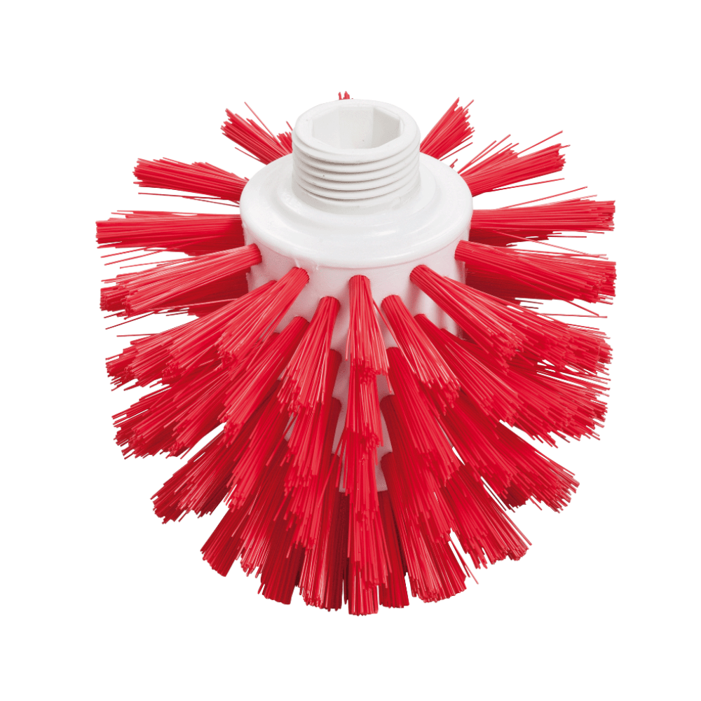Une brosse rouge Wolf de Haug Bürsten KG au design hygiénique se caractérise par des poils durs et serrés qui émergent d'une base en plastique blanc. La base dispose d'une ouverture filetée pour se connecter à un outil de nettoyage et est donc parfaite pour les environnements alimentaires sécurisés.