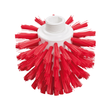 Une brosse rouge Wolf de Haug Bürsten KG au design hygiénique se caractérise par des poils durs et serrés qui émergent d'une base en plastique blanc. La base dispose d'une ouverture filetée pour se connecter à un outil de nettoyage et est donc parfaite pour les environnements alimentaires sécurisés.