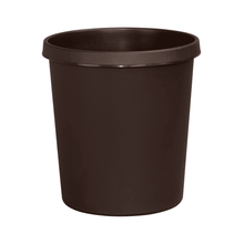 La corbeille à papier Helit avec bord de préhension circulaire, marron (18 litres), est une corbeille à déchets en plastique simple, ronde, de couleur marron foncé de Helit avec un bord légèrement évasé, illustrée sur un fond blanc.