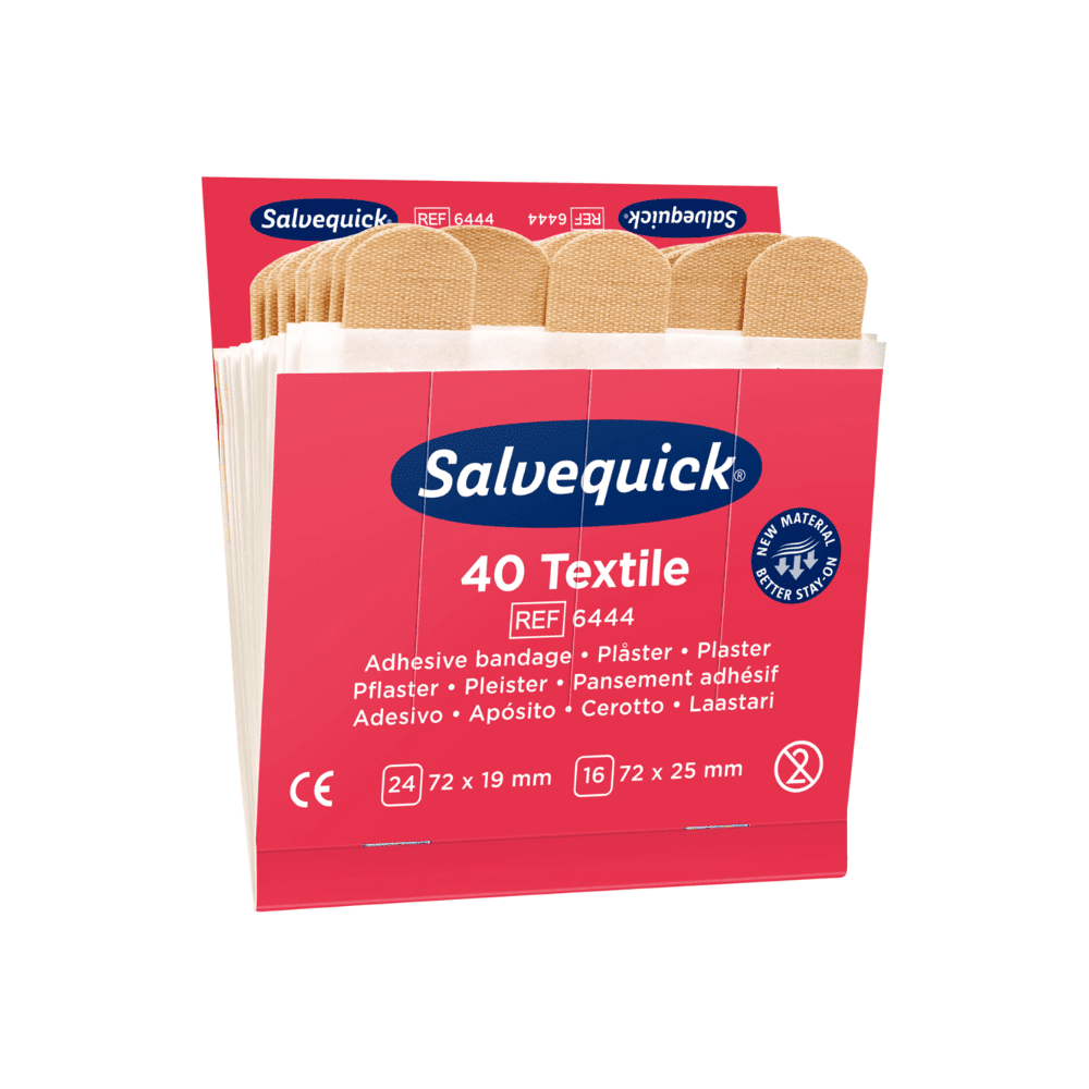 Une boîte de recharges de pansements textiles Salvequick® de Holthaus Medical par Holthaus Medical GmbH & Co. KG, référence 6444, contient 40 pansements élastiques de différentes tailles : 24 pièces de 72 x 19 mm et 16 pièces de 72 x 25 mm. La boîte de marque rouge et blanche est parfaite pour tout distributeur de pansements.