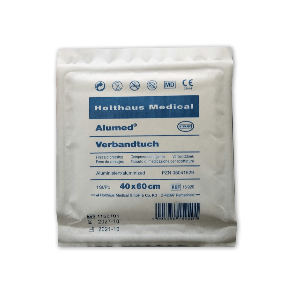 La compresse Alumed® de Holthaus Medical GmbH & Co. KG est un bandage emballé stérile avec l'inscription « enduit d'aluminium », mesurant 40x60 cm et contenant une pièce. La date d'expiration est octobre 2027.