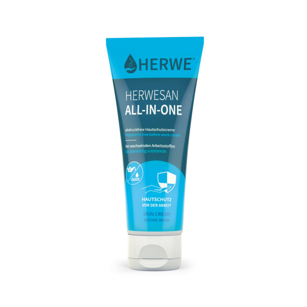 Sur un fond blanc se trouve un tube bleu et blanc avec l'inscription « Holthaus Herwesan All-In-One Protection de la peau 100 ml | Emballage (1 pièce) ». Le tube est doté d'un capuchon à clapet et d'un texte indiquant qu'il s'agit d'une crème protectrice pour la peau à absorption rapide, fabriquée en Allemagne par Holthaus Medical GmbH & Co. KG, conçue pour être utilisée avec divers matériaux de travail et laissant une sensation de peau adhérente.