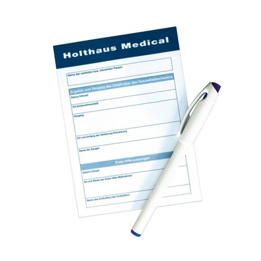 Le bloc de rapport médical Holthaus Medical de la société Holthaus Medical GmbH & Co. KG comporte les rubriques indispensables à une documentation précise, notamment celles consacrées aux informations personnelles et aux incidents médicaux. Sur le formulaire, on voit un stylo blanc sur un fond blanc uni.