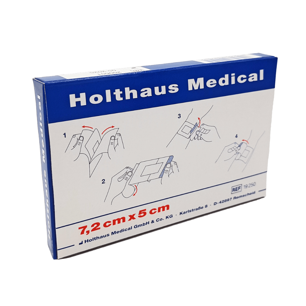 Une boîte bleu-blanc « Holthaus Ypsiderm® plus pansement 7,2 x 5 cm - 5 pansements » de Holthaus Medical GmbH & Co. KG contient cinq pansements. Sur la boîte, on trouve un guide illustré étape par étape pour l'application du pansement auto-adhésif ainsi que des informations sur le fabricant et le numéro de référence 1250.