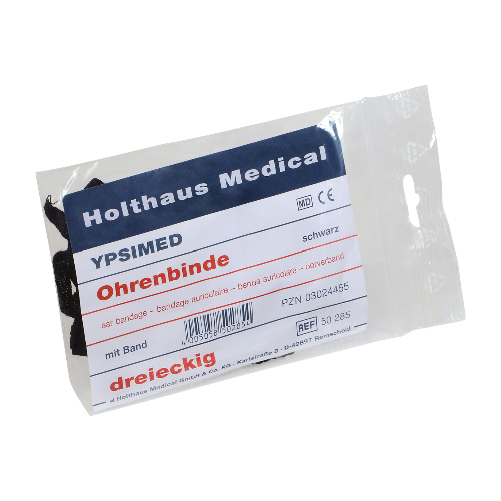 La bande pour oreilles Holthaus Ypsimed de Holthaus Medical GmbH & Co. KG est un bandage pour oreilles emballé avec l'inscription « Holthaus YPSIMED Ohrenbinde ». L'emballage contient un bandage triangulaire noir pour oreilles avec une bande de fixation pour oreilles, le numéro PZN 03024455 et le numéro de référence 50 285.