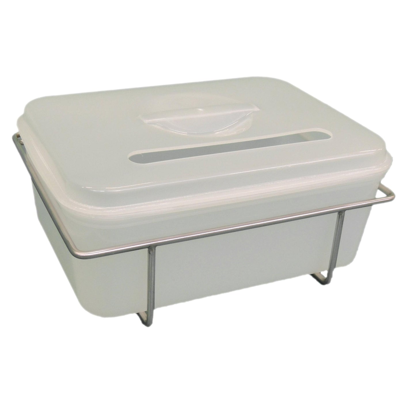 Le conteneur de rejet d'instruments Novocal avec support en acier inoxydable dispose d'un conteneur rectangulaire semi-transparent avec couvercle et fente de poignée, idéal pour l'élimination sécurisée des instruments médicaux. Marque : Novocal.