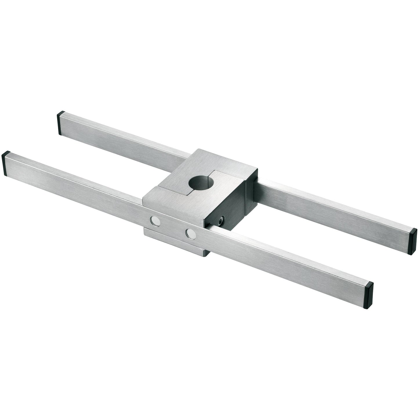 Support de rail Novocal rectangulaire en acier inoxydable avec deux barres parallèles et écrou central, incluant perçage et vis, pour la fixation réglable d'un support de perfusion à tube rond de 25 mm (paquet de 1).