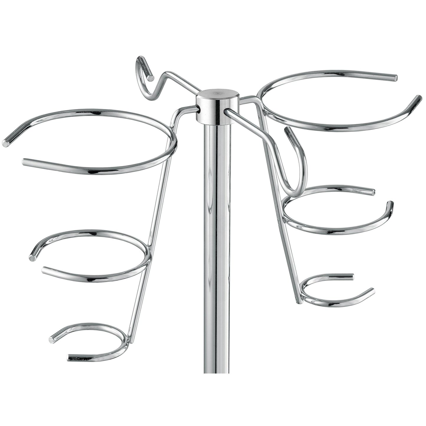 Eine Nahaufnahme des Novocal Infusionsflaschenhalters für Infusionsständer aus Edelstahl (für Rundrohr 18 mm, 2 Halter, 1 Stück) mit verchromten Drahthaltern, die von einer zentralen Stange für Flaschen oder Gläser abgehen.