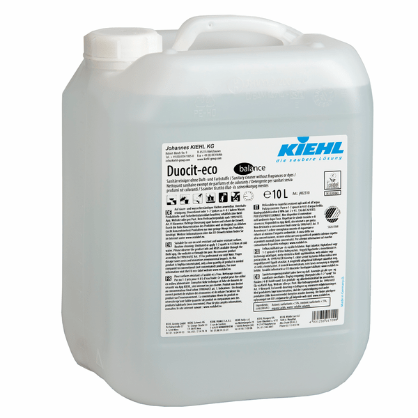 Un récipient de 10 litres en plastique translucide avec un bouchon à vis blanc et l'inscription "Kiehl Duocit-eco balance nettoyant sanitaire sans parfum ni colorant" de Johannes Kiehl KG contient des instructions et des informations de sécurité multilingues.