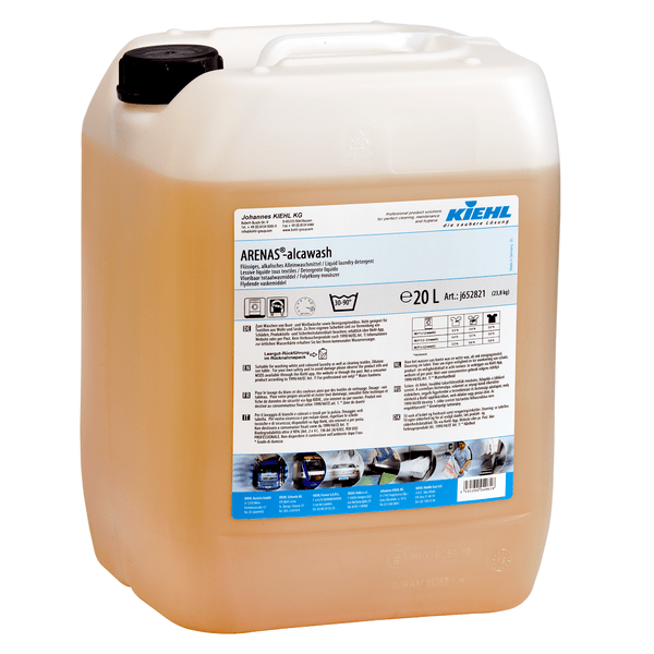 Kiehl ARENAS-alcawash Détergent liquide alcalin de Johannes Kiehl KG dans un récipient de 20 litres en plastique translucide avec un bouchon à vis noir et une étiquette avec des informations sur le produit et des instructions d'application.