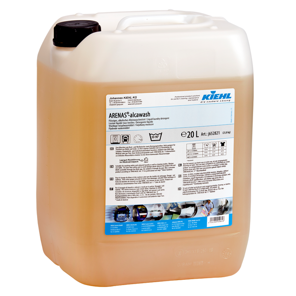 Kiehl ARENAS-alcawash Flüssiges alkalisches Alleinwaschmittel der Johannes Kiehl KG in einem 20-Liter-Behälter aus transluzentem Kunststoff mit schwarzem Schraubverschluss und einem Etikett mit Produktinformation und Anwendungshinweisen.