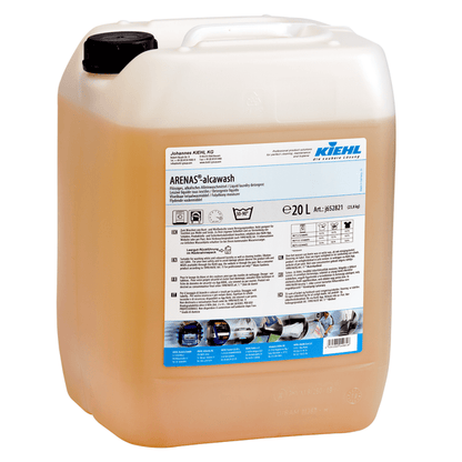Kiehl ARENAS-alcawash Détergent liquide alcalin de Johannes Kiehl KG dans un récipient de 20 litres en plastique translucide avec un bouchon à vis noir et une étiquette avec des informations sur le produit et des instructions d'application.