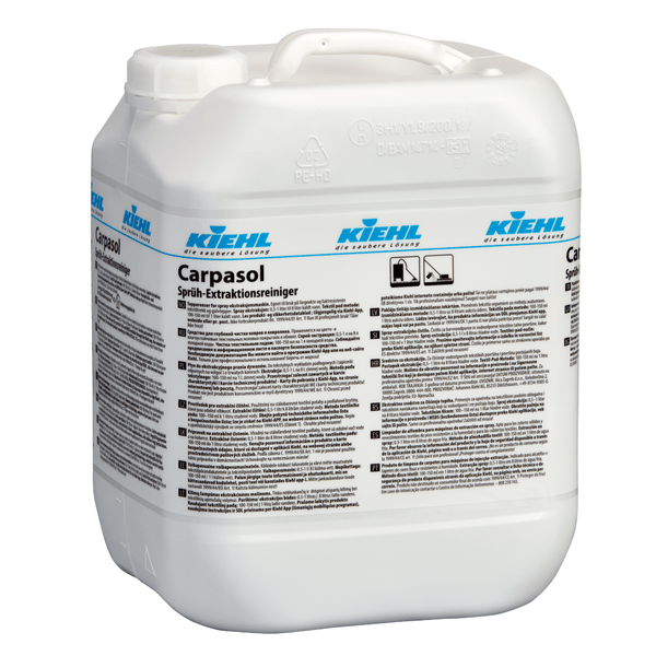 Un bidon en plastique blanc de 10 litres avec l'inscription "Kiehl Carpasol Nettoyant par extraction de pulvérisation" de Johannes Kiehl KG pour le nettoyage des tapis et des tissus d'ameublement est accompagné sur les côtés d'informations détaillées sur le produit et de consignes de sécurité en plusieurs langues.