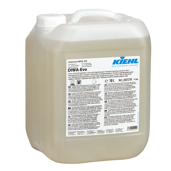 Un conteneur en plastique translucide de 10 litres avec un couvercle blanc est rempli de Kiehl DIWA-Evo détergent pour verres et vaisselle. L'étiquette de Johannes Kiehl KG indique des détails sur le produit et des consignes de sécurité.