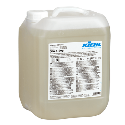 Un conteneur en plastique translucide de 10 litres avec un couvercle blanc est rempli de Kiehl DIWA-Evo détergent pour verres et vaisselle. L'étiquette de Johannes Kiehl KG indique des détails sur le produit et des consignes de sécurité.