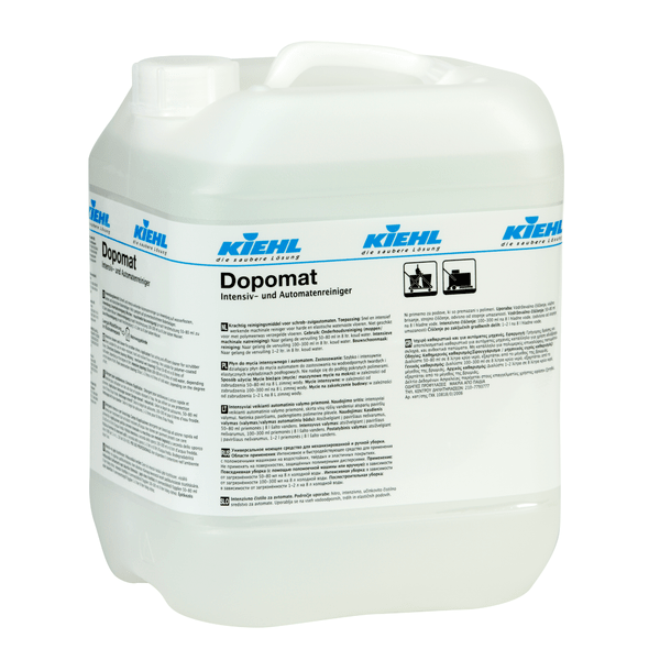 Conteneur en plastique transparent de 10 litres avec bouchon à vis blanc et l'inscription "Kiehl Dopomat Nettoyant intensif et pour machines" de Johannes Kiehl KG, avec texte et symboles sur l'étiquette avant.