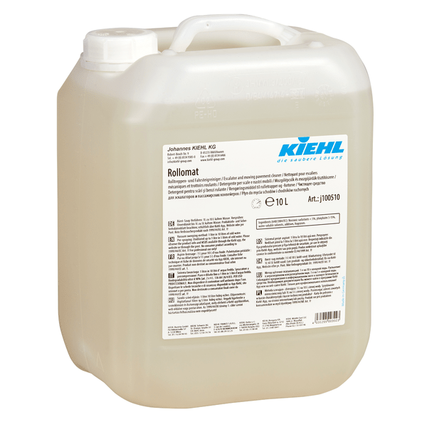 Bidon de 10 litres "Kiehl Rollomat Nettoyant pour escaliers mécaniques et trottoirs roulants" de Johannes Kiehl KG avec informations sur le produit imprimées, bouchon à vis et poignée. Convient pour le nettoyage des escaliers mécaniques et des trottoirs roulants.