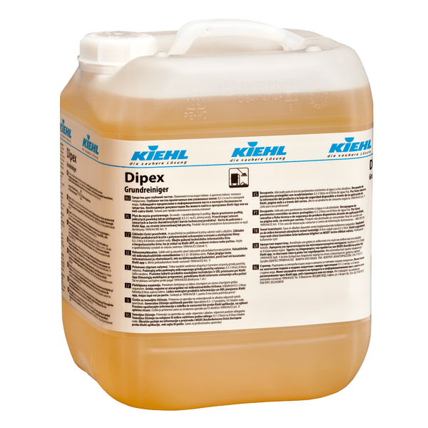 Un conteneur en plastique de 10 litres de Johannes Kiehl KG Kiehl Dipex Nettoyant de base, un liquide brun clair pour un nettoyage efficace et en profondeur de toutes les surfaces, avec poignée et étiquette multilingue.