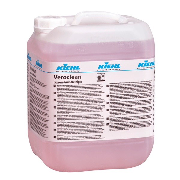 Dans un grand récipient en plastique transparent avec un couvercle blanc se trouve le nettoyant de base rose Kiehl Veroclean Express de Johannes Kiehl KG, qui permet un nettoyage rapide et efficace en tant que nettoyant de base fiable pour toutes les surfaces.