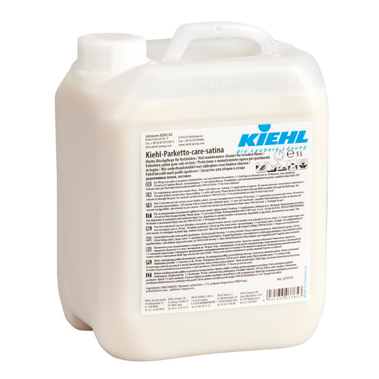 Weißer Kunststoffbehälter mit Griff und Schraubverschluss mit der Aufschrift "Kiehl Kiehl-Parketto-care-satina Matte Pflegedispersion für Holzböden 5 L" der Johannes Kiehl KG, mit Produktangaben und mehrsprachiger Anleitung. Verkauft in einem Karton mit 2 Flaschen.