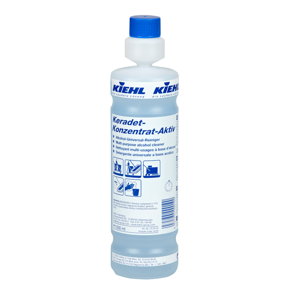 Une bouteille de 1 litre de Johannes Kiehl KG Kiehl Keradet-Concentré-Actif Nettoyant Universel à l'Alcool pour un nettoyage sans traces, avec un bouchon bleu et une étiquette multilingue avec des informations sur le produit et des instructions d'utilisation.
