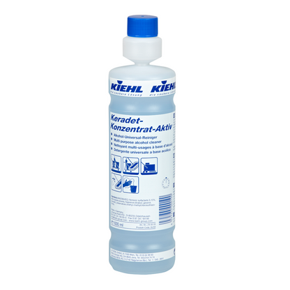 Une bouteille de 1 litre de Johannes Kiehl KG Kiehl Keradet-Concentré-Actif Nettoyant Universel à l'Alcool pour un nettoyage sans traces, avec un bouchon bleu et une étiquette multilingue avec des informations sur le produit et des instructions d'utilisation.
