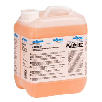 Un récipient de 5 litres en plastique transparent de Kiehl Blutoxol Concentré nettoyant désinfectant liquide de Johannes Kiehl KG, idéal pour le secteur alimentaire. La solution orange-rosée élimine efficacement les bactéries; infos et instructions sur l'étiquette.