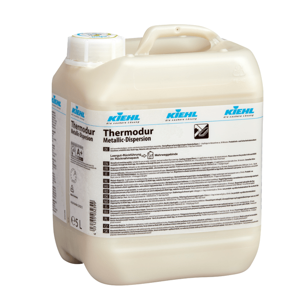 Conteneur en plastique de 5 litres de Johannes Kiehl KG Thermodur Universal-Dispersion avec bouchon blanc et marquage bleu pour l'entretien des sols à l'intérieur et à l'extérieur. Vendu dans un carton avec 2 bouteilles. Étiquette avec informations sur le produit et instructions.